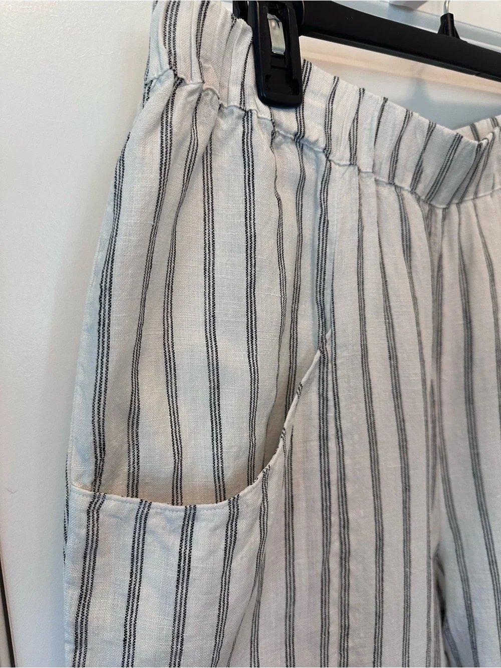 Quince 100% European Linen Tapered Ankle Pant Oatmeal Black Stripe Size L